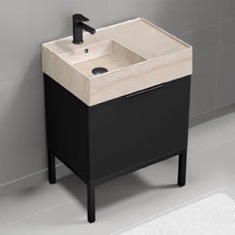 Modern Small Black Bathroom Vanity, 24 inch, Travertine Style Sink, Free Standing